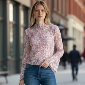 4/$24 Cleo Purple‎ & Cream Lace Long Flare Sleeves Peephole Back Bodysuit